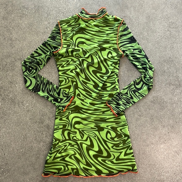Green / black swirl mesh body con long sleeve mini dress with orange stitching - Picture 2 of 3